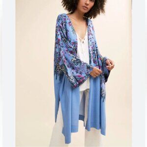 Intimately Free People Don’t Know Rain Blue Floral Open Front Kimono Size XS/S